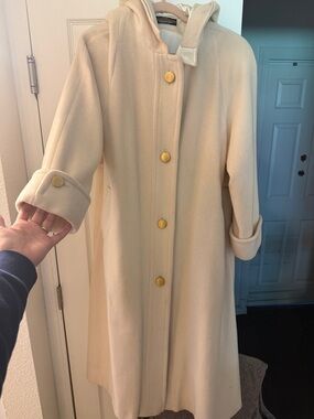 London Fog Cream Hooded Coat with Gold Trim Label